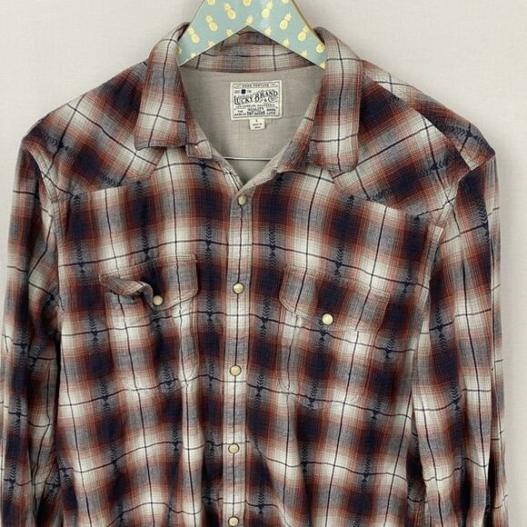 Lucky Brand Pearl Snap Western Shirt Mens Large Red Black Plaid Soft Pockets - Picture 2 of 13
